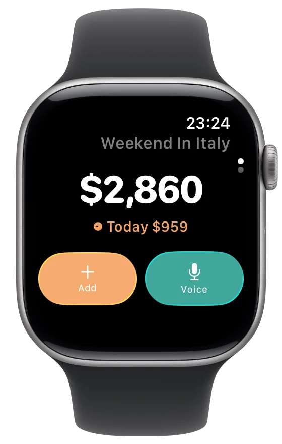 Spentrip Apple Watch app showing trip spending total with Add and Voice buttons