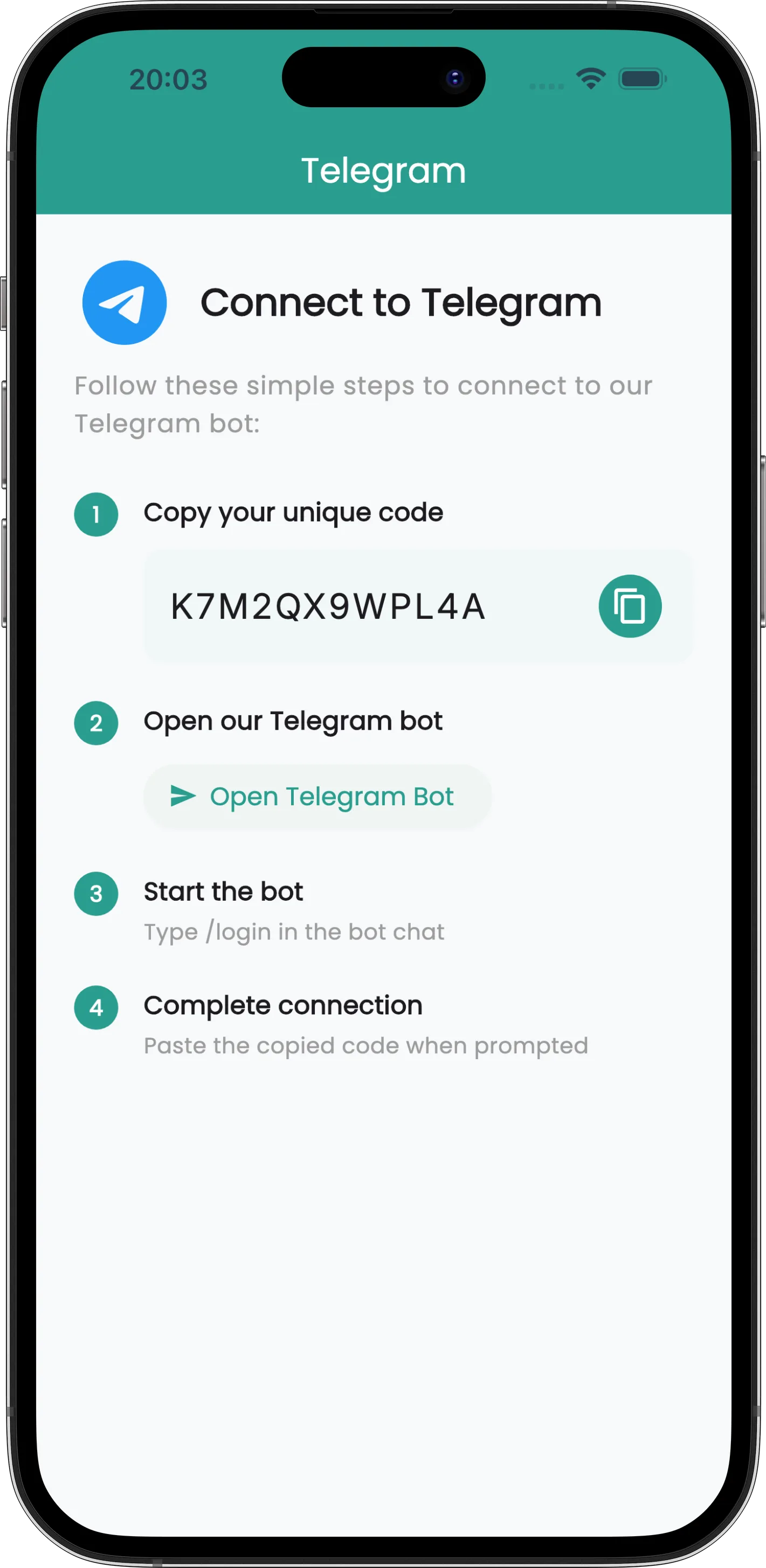 Spentrip Telegram settings screen showing the connection code and the four linking steps