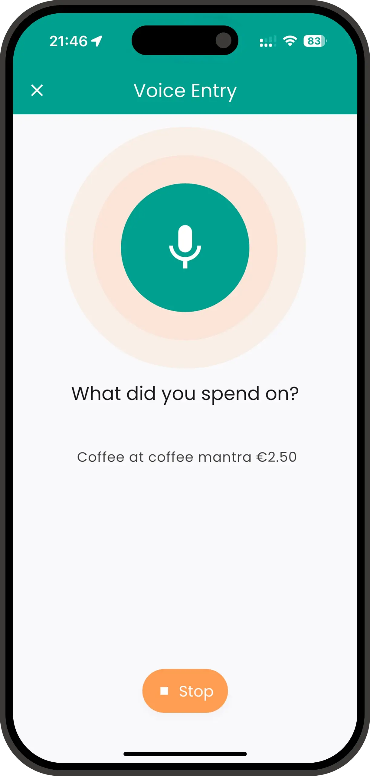 Spentrip voice mode screen with microphone visualization and real-time transcription