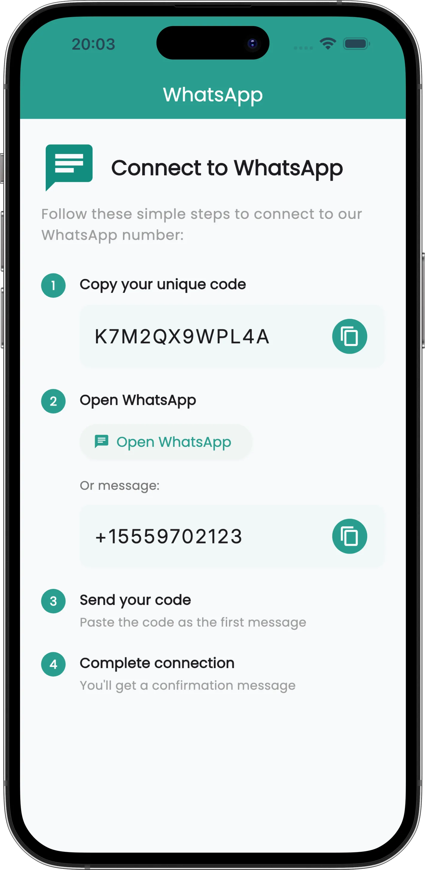 Spentrip WhatsApp settings screen showing the connection code and the four linking steps
