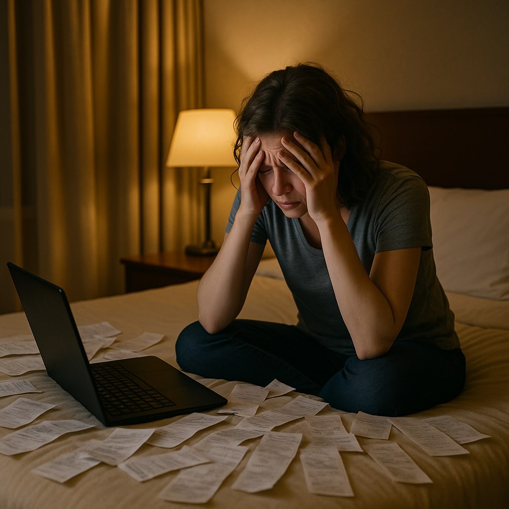 Traveler struggling with receipts